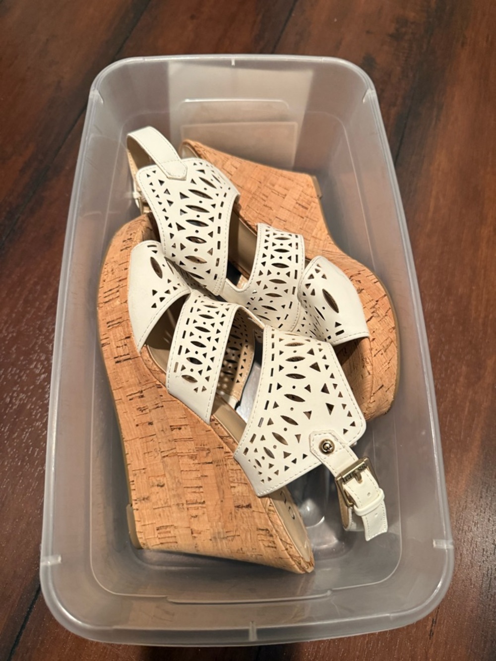 White Laser-Cut Cork Wedge Sandals